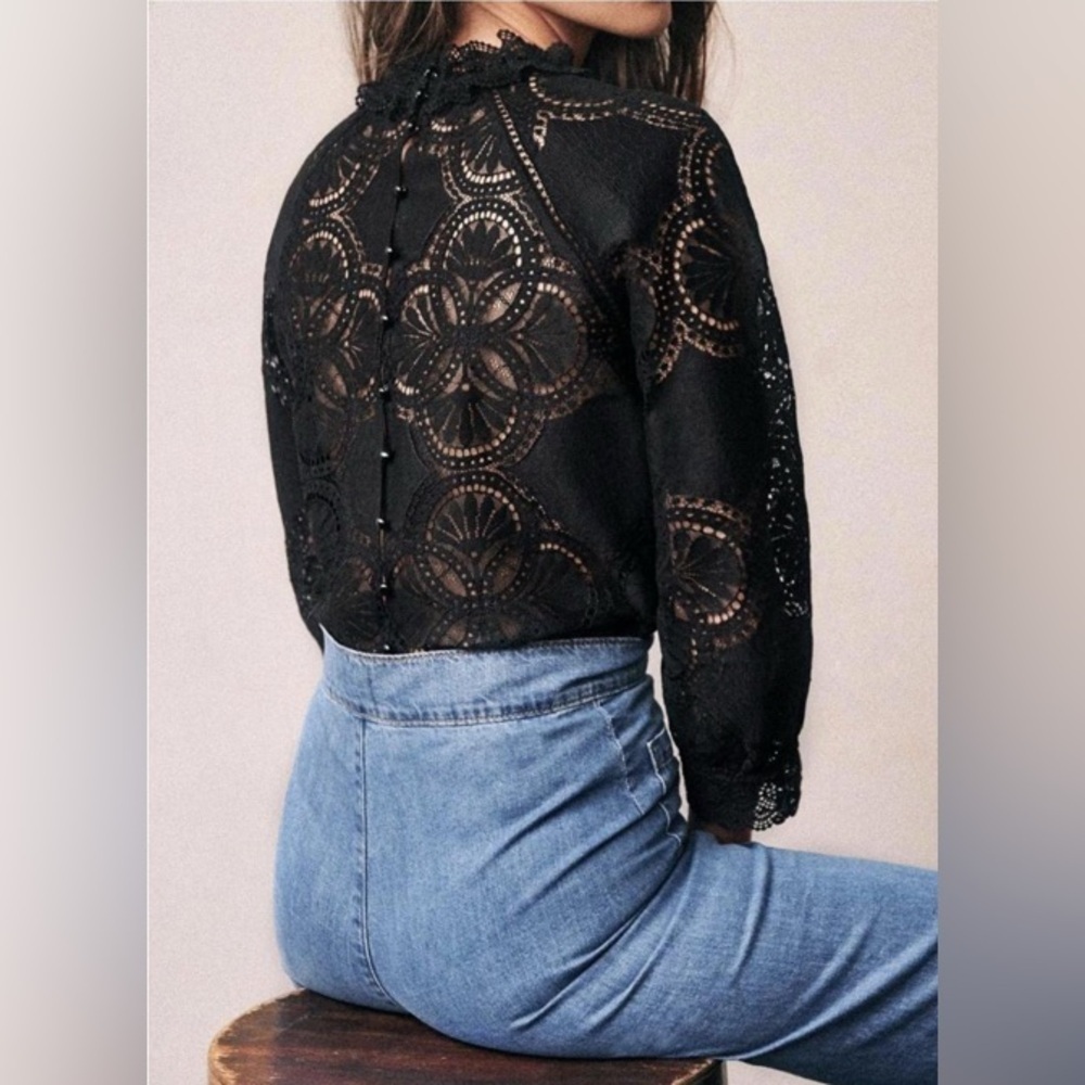 Sezane Becall Lace Long Sleeve Blouse Black Size FR 34/US 2